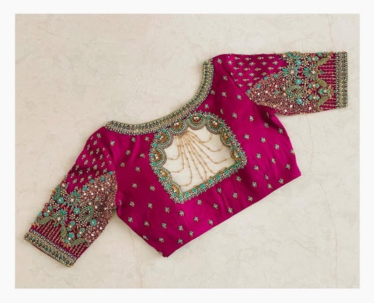 Rani Pink Heavy Embroidered Boat Neck Padded Readymade Designer Blouse