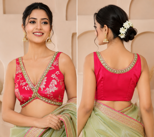 Rani Pink Jacquard Silk Sleeveless V Neck Readymade Designer Blouse