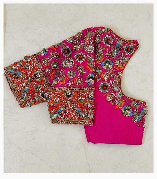 Rani Pink Heavy Embroidered Boat Neck Readymade Designer Blouse