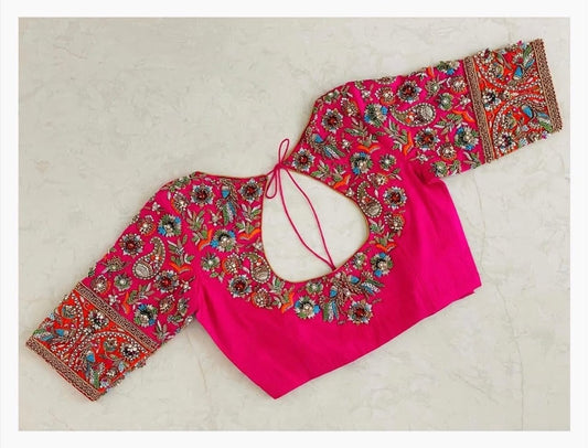 Rani Pink Heavy Embroidered Boat Neck Readymade Designer Blouse