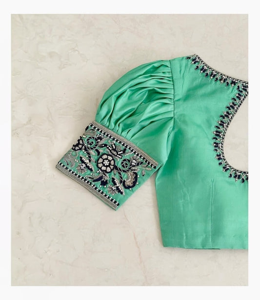 Women's Sea Green Puff Sleeve Boat Neck Padded Readymade Designer Blouse