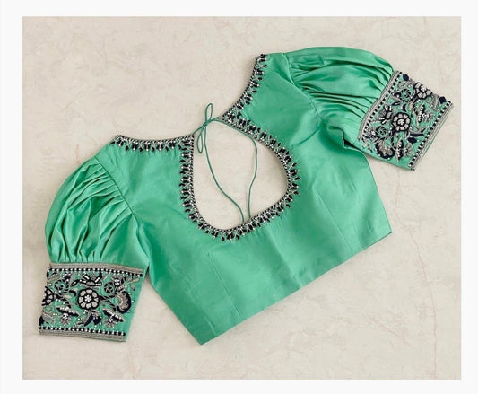 Women's Sea Green Puff Sleeve Boat Neck Padded Readymade Designer Blouse