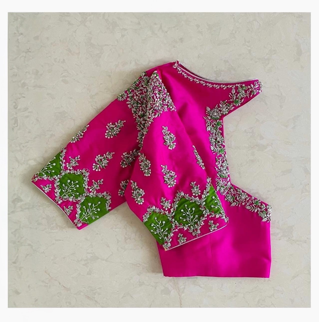 Rani Pink Boat Neck Padded Readymade Designer Blouse with Heavy Embroidery