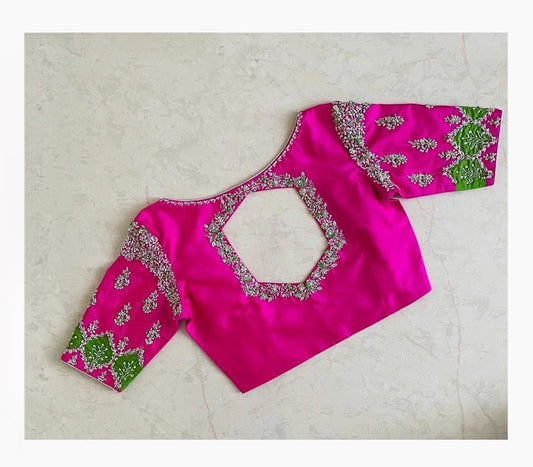 Rani Pink Boat Neck Padded Readymade Designer Blouse with Heavy Embroidery