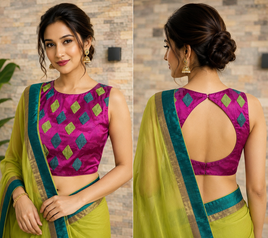 Magenta Jacquard Sleeveless Boat Neck Padded Readymade Designer Blouse