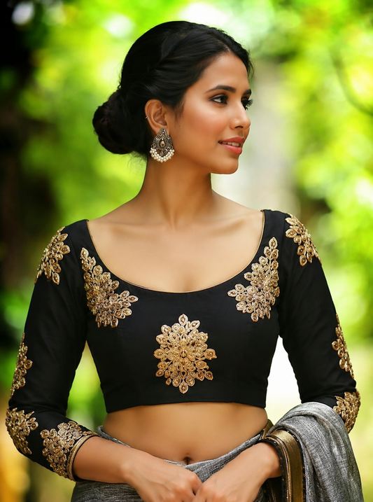 Black Velvet Embroidered Designer Blouse with Deep U-Back & Full Sleeves