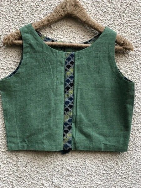 Sage Green Cotton Sleeveless Designer Blouse with Tassel Back