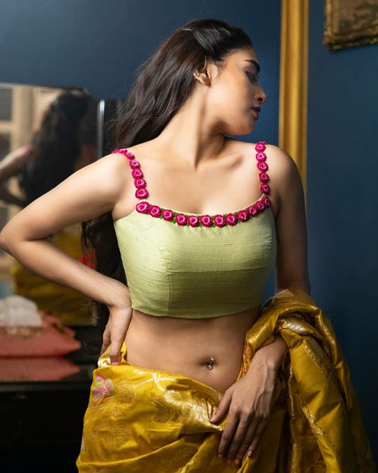 Pastel Green Floral Strap Designer Saree Blouse