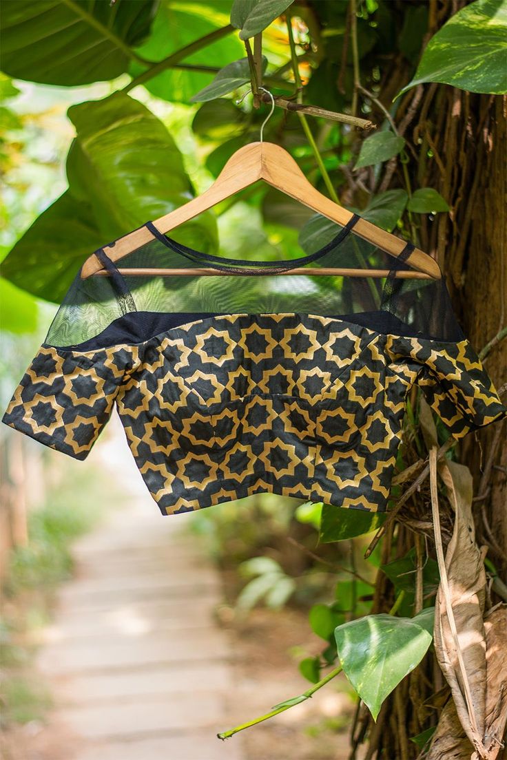 Black & Gold Geometric Print Designer Blouse with Sheer Net Yoke