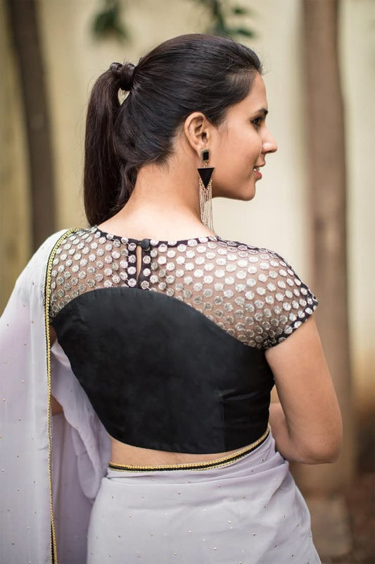 Black Satin Blouse with Embroidered Sheer Net Yoke
