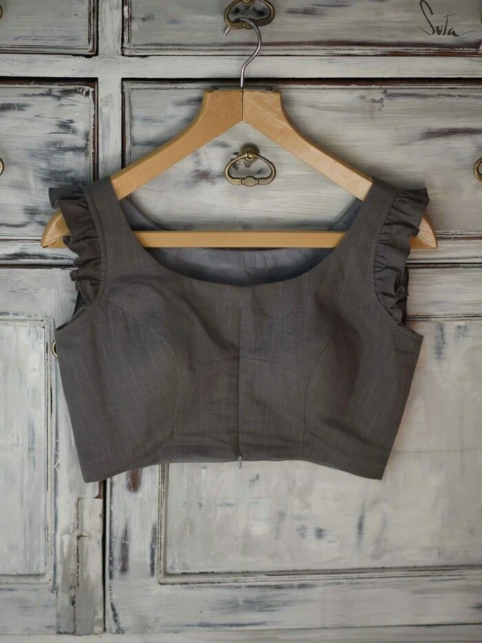 Grey Designer Embroidered Art Blouse with Ruffle Sleeves