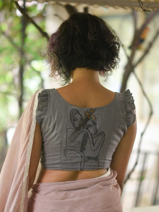 Grey Designer Embroidered Art Blouse with Ruffle Sleeves