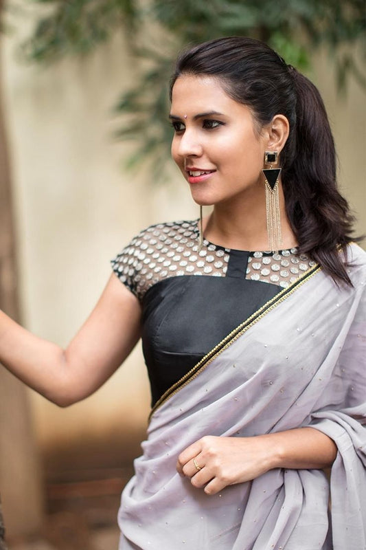 Black Satin Blouse with Embroidered Sheer Net Yoke