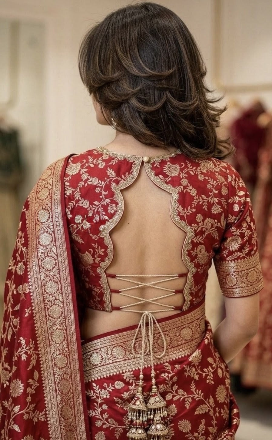 Bridal Red Banarasi Silk Designer Blouse with Golden Floral Embroidery & Back Dori (Only Blouse)