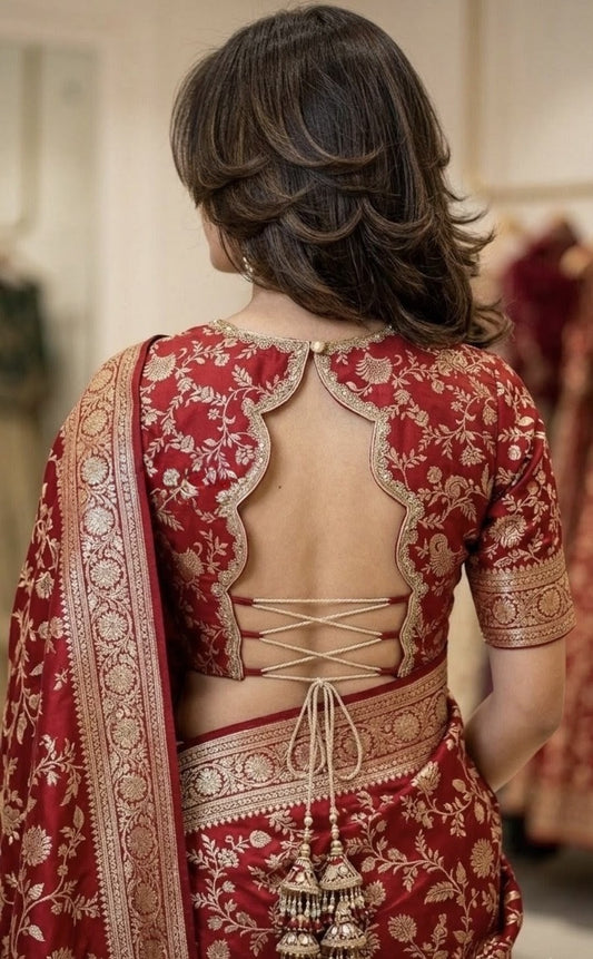 Bridal Red Banarasi Silk Designer Blouse with Golden Floral Embroidery & Back Dori (Only Blouse)
